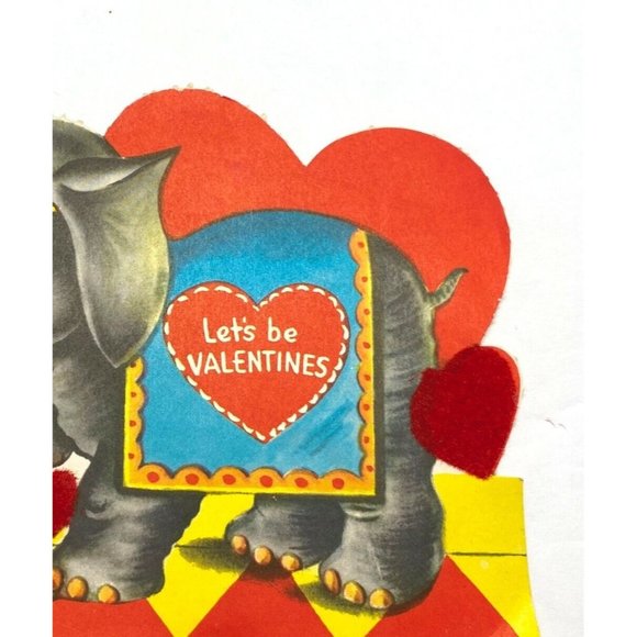 Valentines Day Vintage Greeting Card Circus Elephant Hearts Flocked 40s - Picture 5 of 6